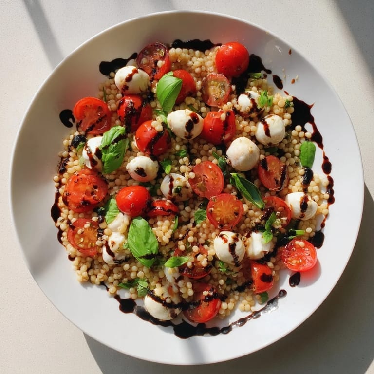 Chilled Caprese Couscous Salad featuring fluffy Israeli couscous, halved tomatoes, and mozzarella with a glossy balsamic drizzle.