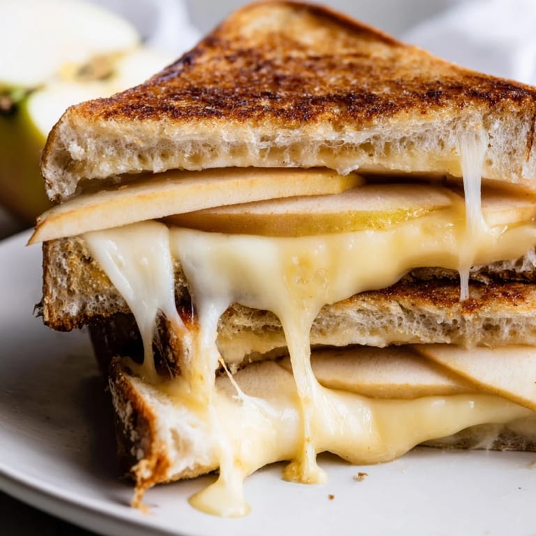 Close-up of a gooey smoked Gouda and apple grilled cheese sandwich on a plate, perfect with a side of tomato soup.