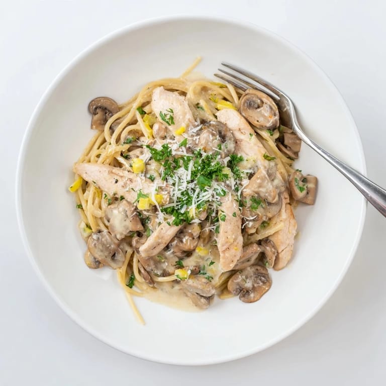 A close-up of Creamy Mushroom Chicken Spaghettini highlights tender chicken and sautéed mushrooms, with fresh parsley and grated Parmesan sprinkled over the velvety spaghettini.