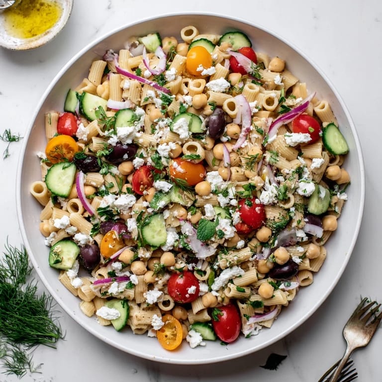 Freshly tossed Lemon Herb Chickpea Pasta Salad showing diced cucumbers and red onions, garnished with crumbled feta and kalamata olives.