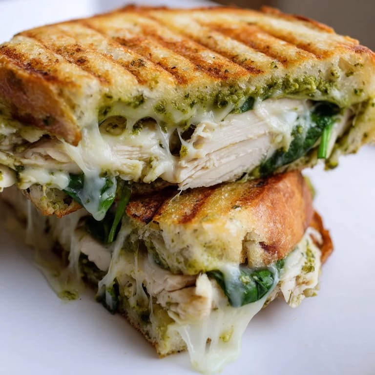 The Chicken Pesto Panini is sliced in half, revealing layers of juicy grilled chicken, vibrant pesto, and tomato.