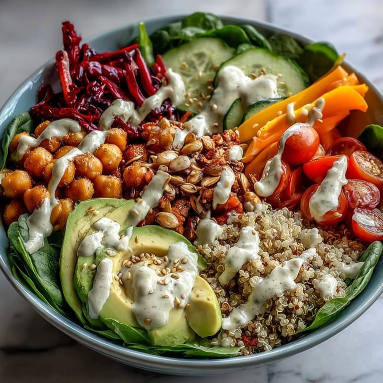 Colorful vegetarian Rainbow Buddha Bowl With Quinoa featuring red cabbage, carrots, cherry tomatoes, and toasted pumpkin seeds.