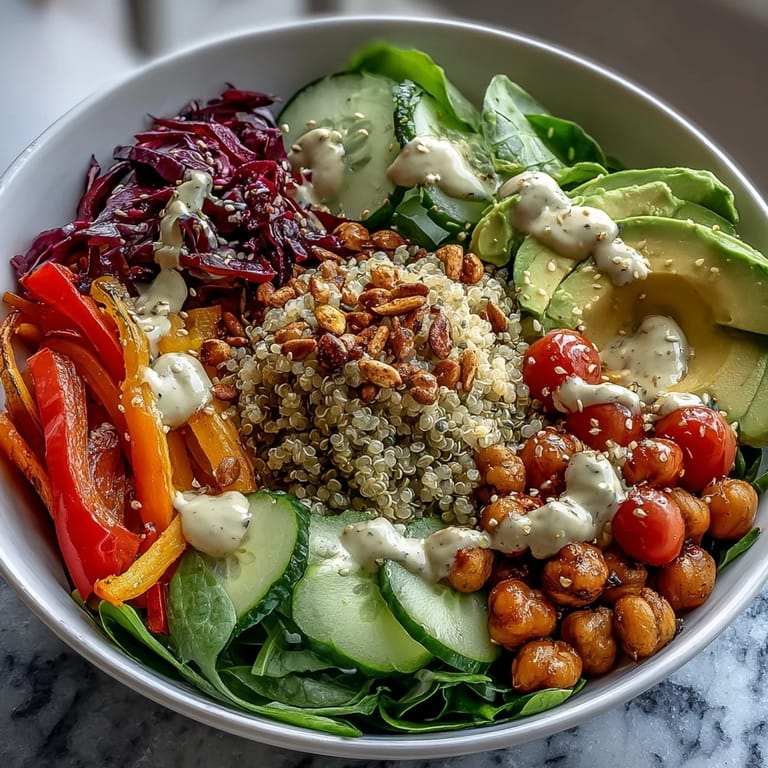 Healthy lunch idea: a gluten-free Rainbow Buddha Bowl With Quinoa loaded with fresh spinach, cucumber, and sesame seeds.
