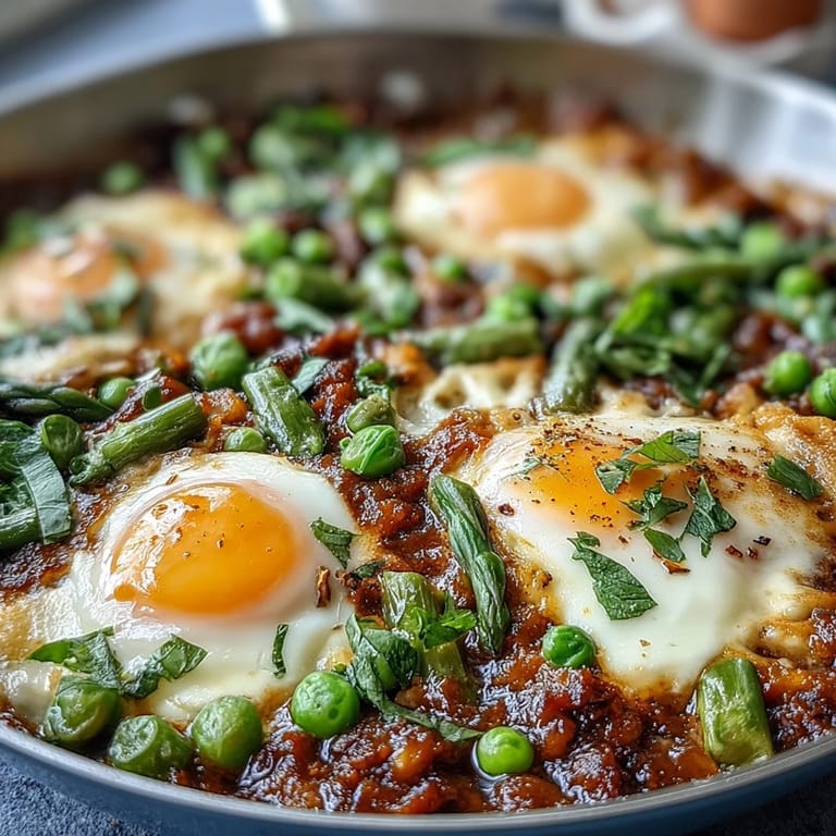 Colorful spring vegetables like peas, broad beans, and asparagus surround runny yolks in this hearty vegetarian shakshuka, perfect for scooping with crusty bread.