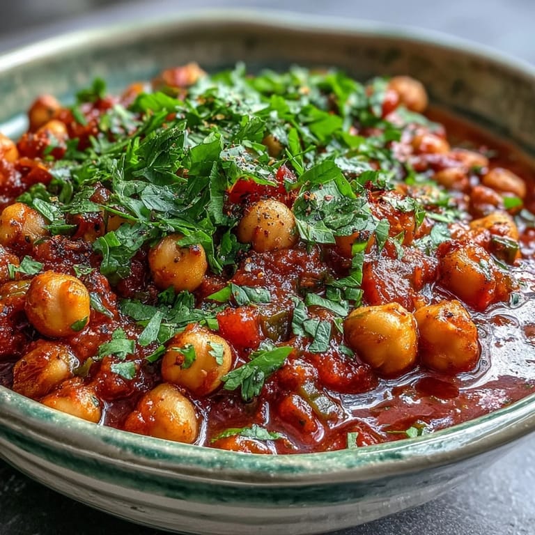 Spicy Chickpea Stew simmering in a pot, garnished with fresh cilantro and a lemon wedge for brightness.  