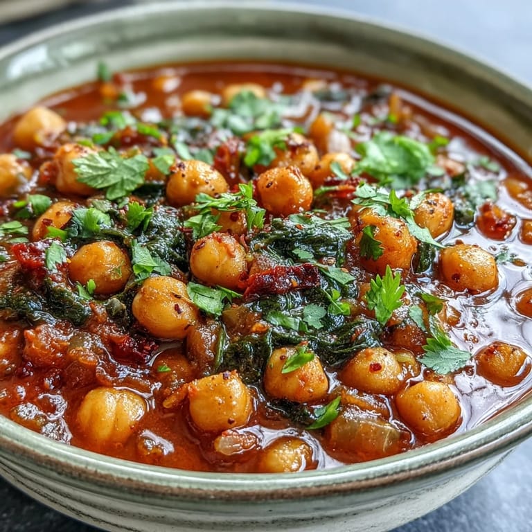 Hearty Spicy Chickpea Stew served in a ceramic bowl with warm crusty bread on the side.