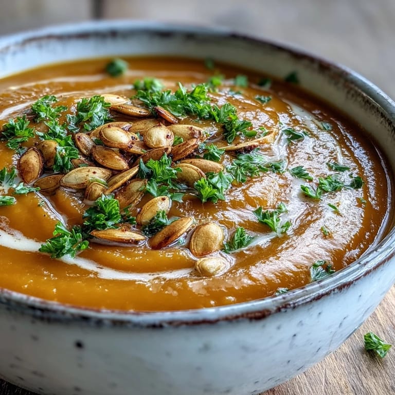 Velvety Butternut Squash Soup served hot with a swirl of coconut milk and rustic bread.  