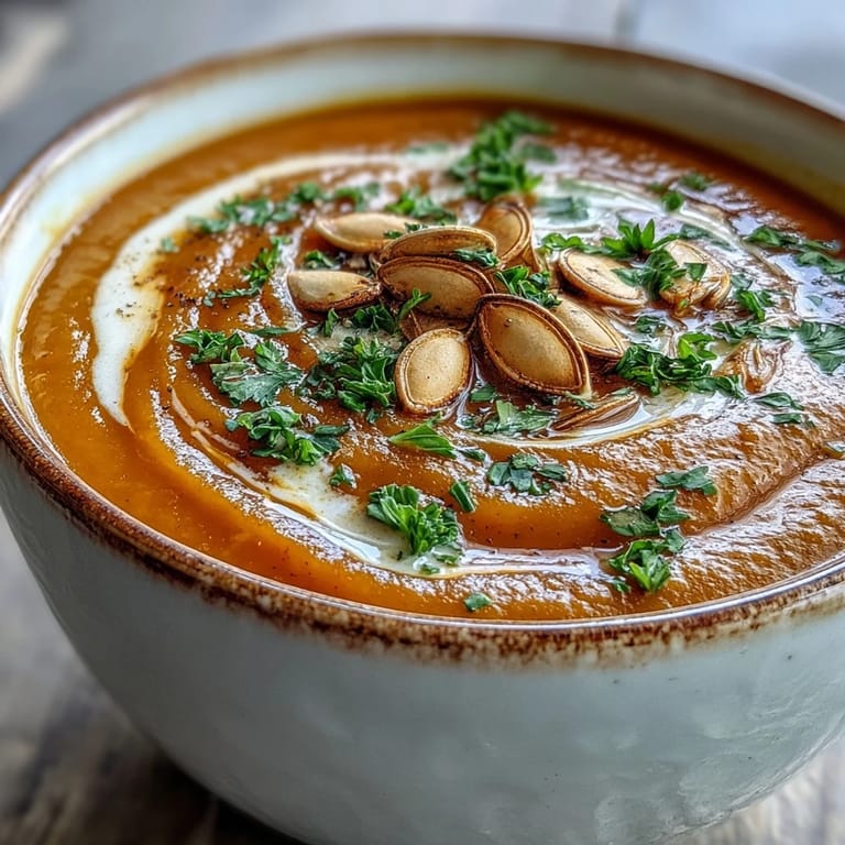 Roasted Butternut Squash Soup in a white bowl, topped with herbs and seeds for texture.