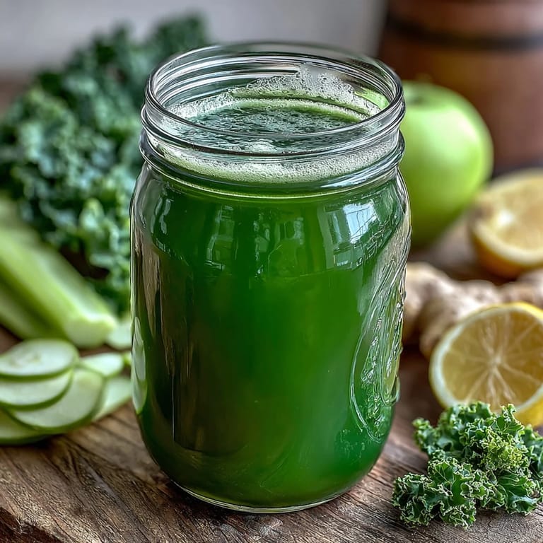 A refreshing glass of cabbage and kale detox juice, featuring crisp apple and spicy ginger notes.  