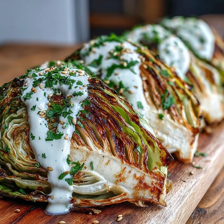 Tender roasted cabbage wedges on a platter, topped with a nutty tahini sauce and sesame seeds.