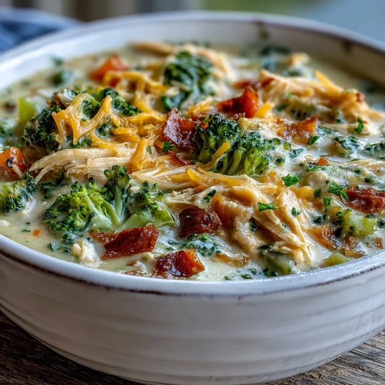 Steaming pot of Best Chicken Broccoli Cheddar Soup on a rustic table, featuring melted cheddar and vibrant green broccoli.