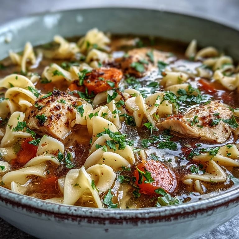 Homemade Chicken Noodle Soup in a rustic pot, featuring plump egg noodles and fresh parsley garnish for a comforting meal.