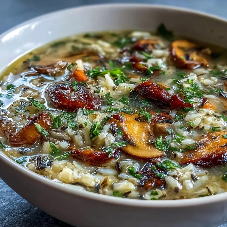 Spoon lifting a hearty ladle of Parmesan Mushroom Chicken and Wild Rice Soup with tender chicken and carrots.