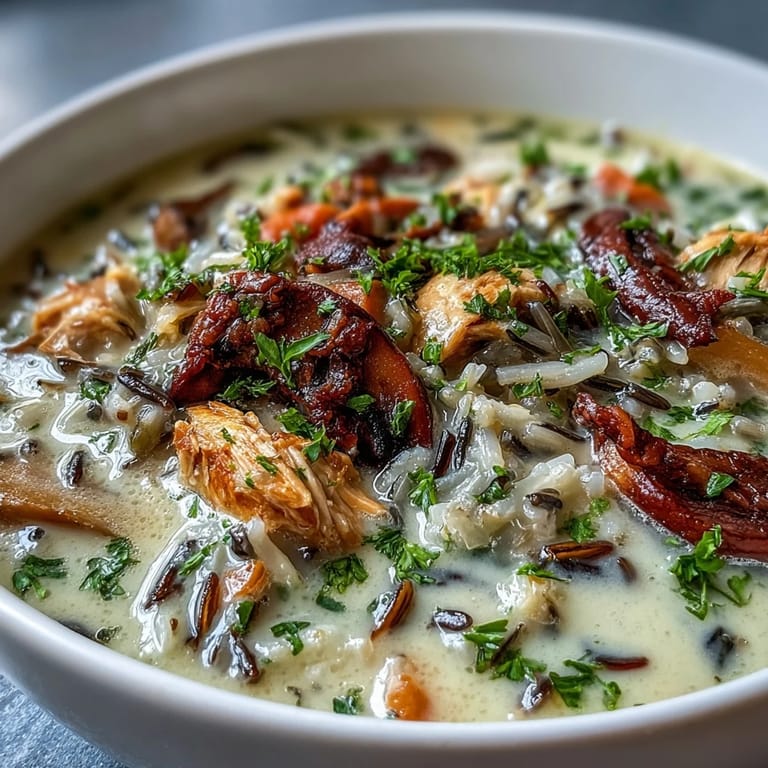 Close-up of rich Parmesan Mushroom Chicken and Wild Rice Soup topped with melted cheese beside crusty artisan bread.