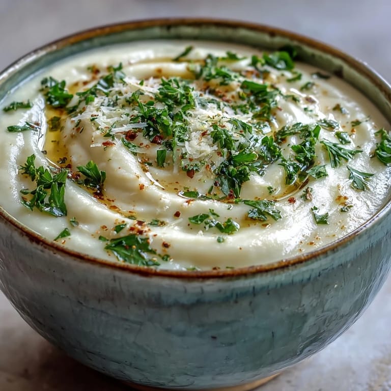 Close-up of velvety White Bean and Parmesan Soup garnished with parsley, alongside crusty bread for dipping.