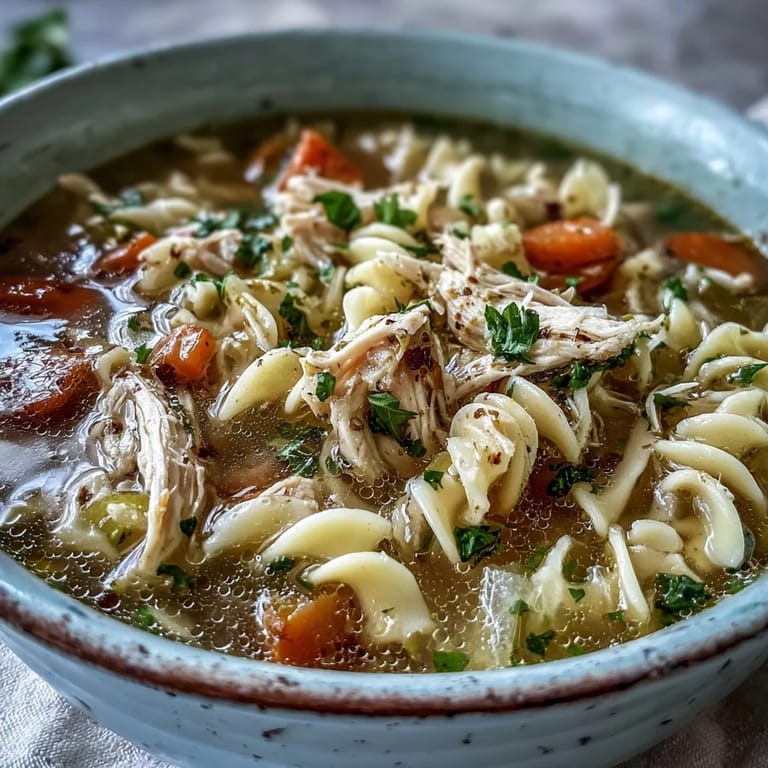 Hearty Chicken and Noodle Soup simmering in a pot, featuring wide egg noodles and fresh parsley garnish for a comforting meal.  