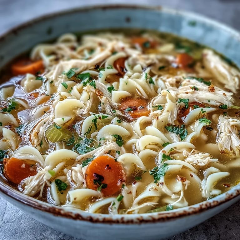 Homemade Chicken and Noodle Soup in a white ceramic bowl, garnished with fresh parsley, served alongside crusty bread.
