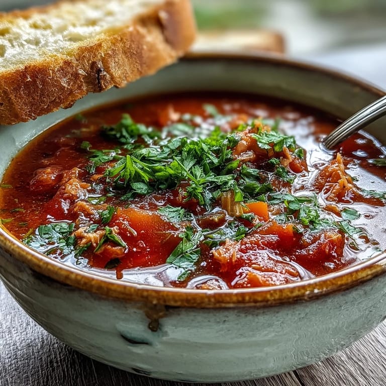 Close-up of Tuna and Tomato Soup in a rustic bowl, highlighting fresh basil garnish and rich tomato broth.