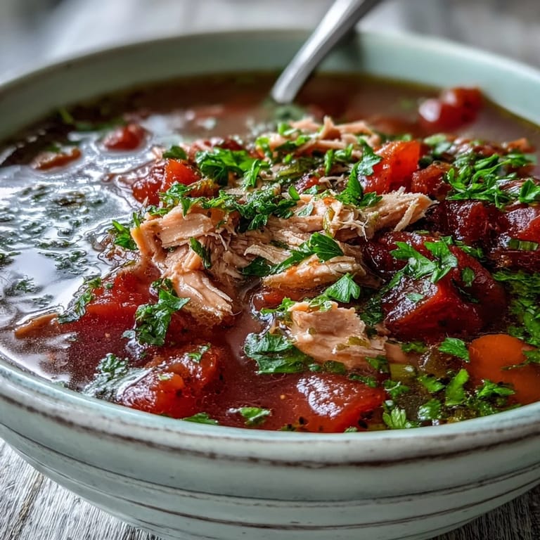 Vibrant Tuna and Tomato Soup simmering in a pot, featuring tender tuna flakes and aromatic herbs for an Italian-inspired meal.