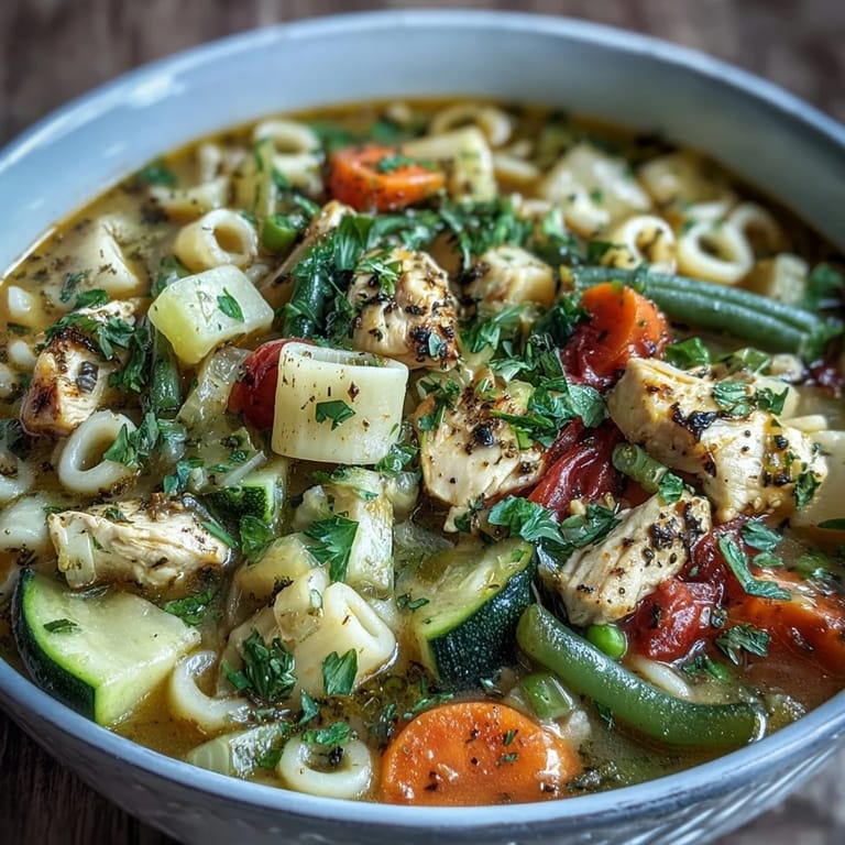 A hearty pot of Pasta Soup With Chicken and Vegetables, featuring tender chicken, diced tomatoes, and colorful garden vegetables.