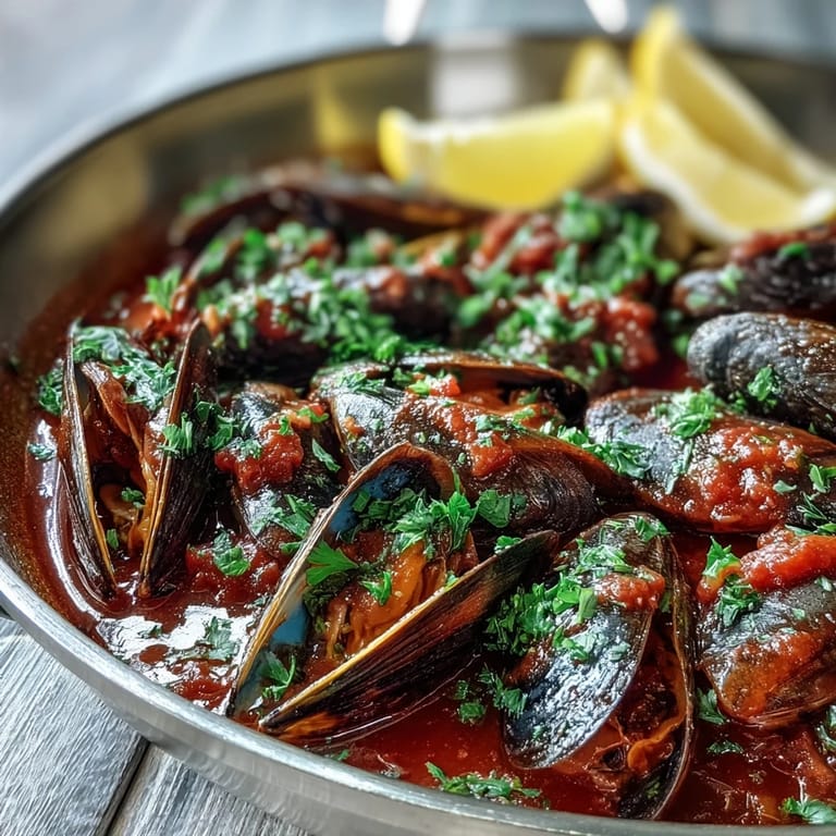 Smoky Mussels Pomodoro served in a rustic bowl with crusty bread for dipping into the rich, fragrant broth.