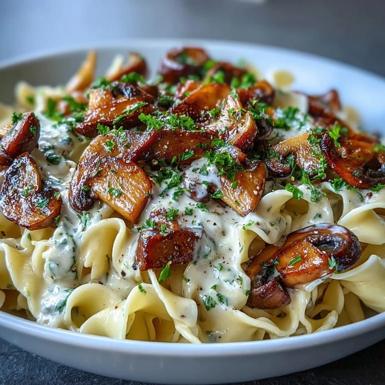 Fettuccine noodles coated in rich, savory mushroom sauce garnished with fresh parsley on a rustic table.