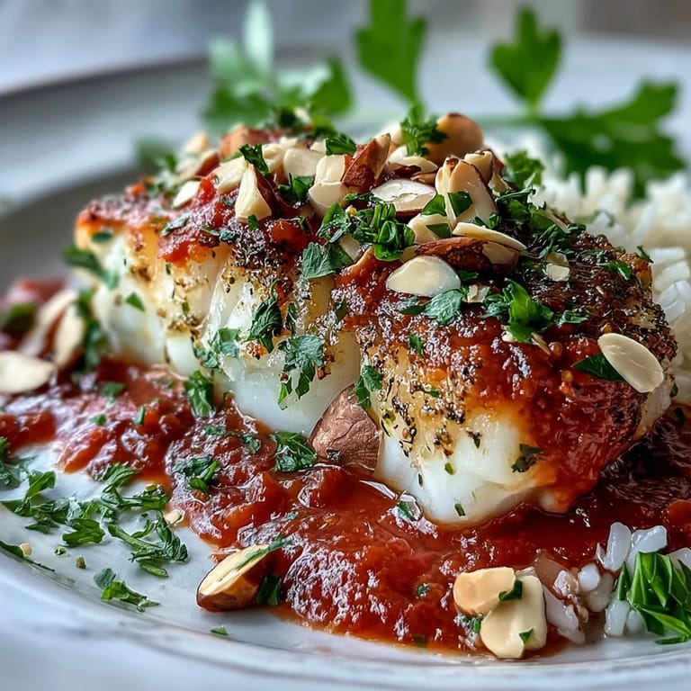 Flaky white fish in Tomato-Roasted Cod dish, surrounded by fluffy rice and a vibrant red sauce, ready to serve.