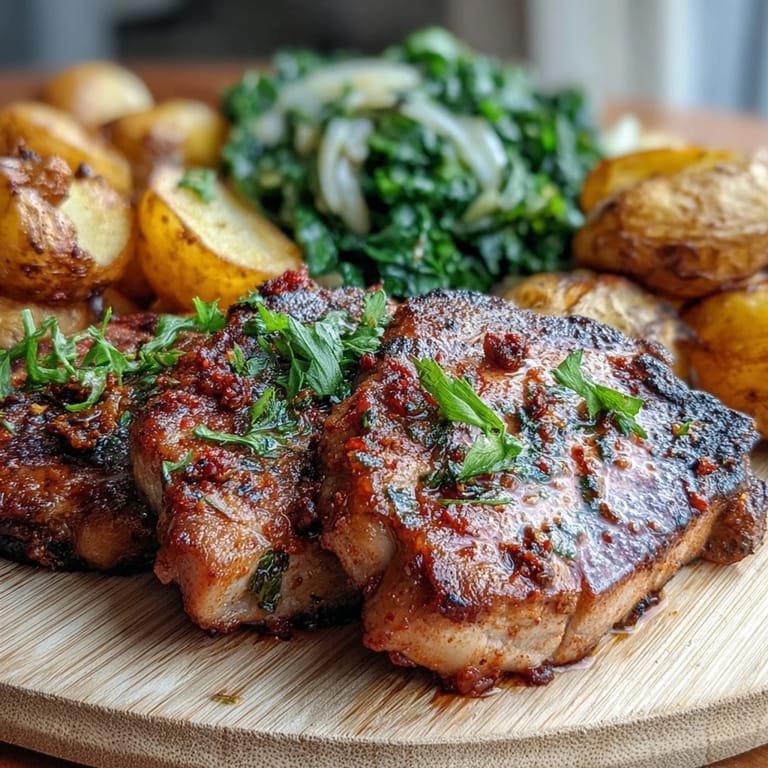 Dinner plate featuring juicy Aleppo pork chops, crispy potatoes, and garlicky lacinato kale.
