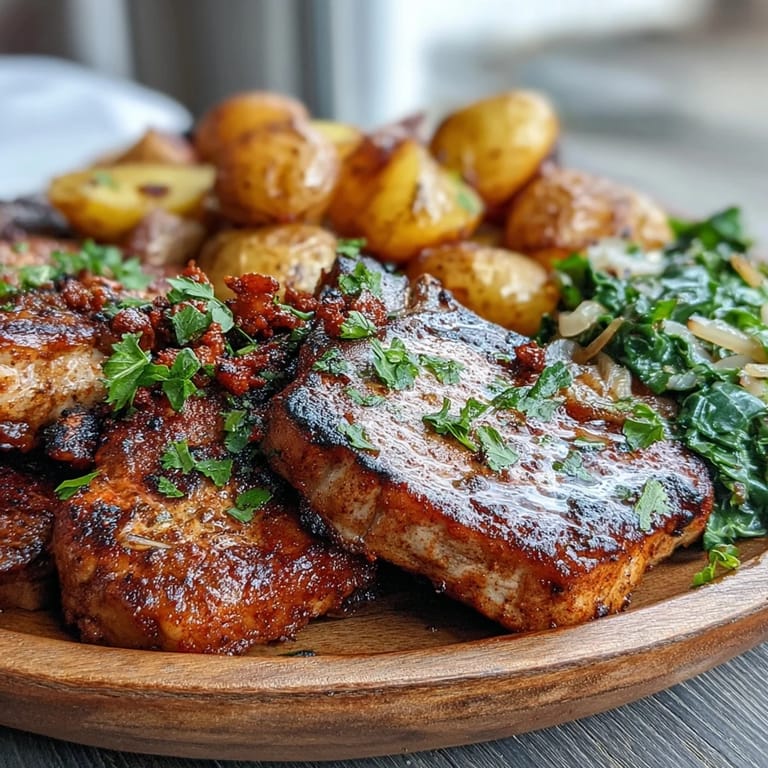 Fresh lemon zest and smoky pimentón season these oven roasted pork chops with greens. 