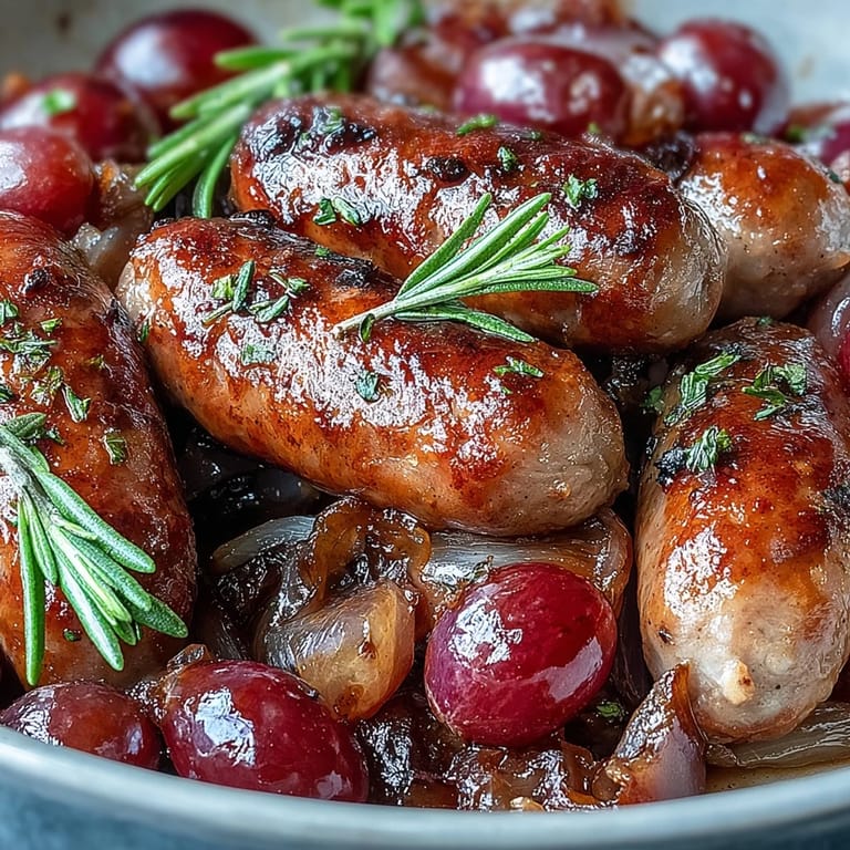 Roasted Sausage and Grapes served hot with caramelized onions, juicy sausages, and glistening grapes, ready to be spooned over polenta.