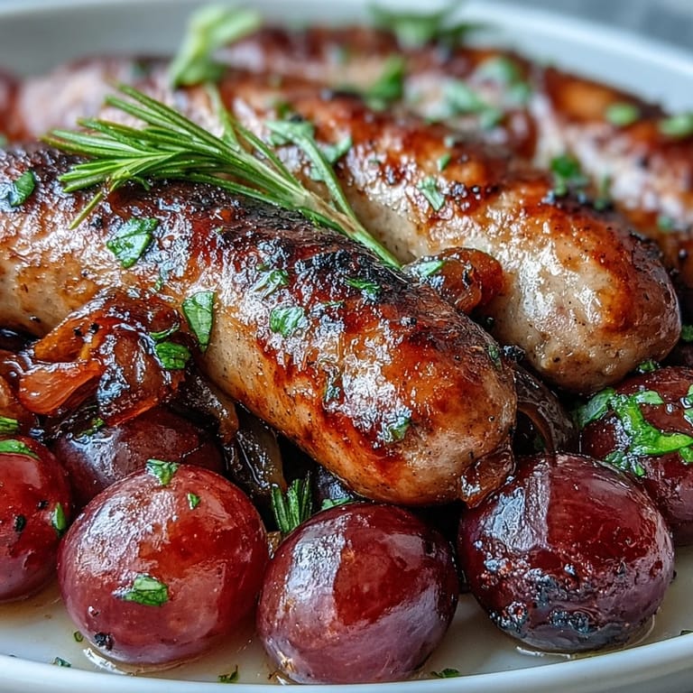 Golden-brown Roasted Sausage and Grapes in a rustic baking dish, topped with fresh rosemary, ideal for a quick weeknight dinner.