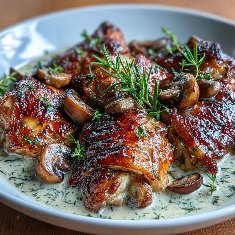 Rich Coq au Vin Rosé with mushrooms and herbs steams beside crusty bread, ready to soak up the rosé sauce.
