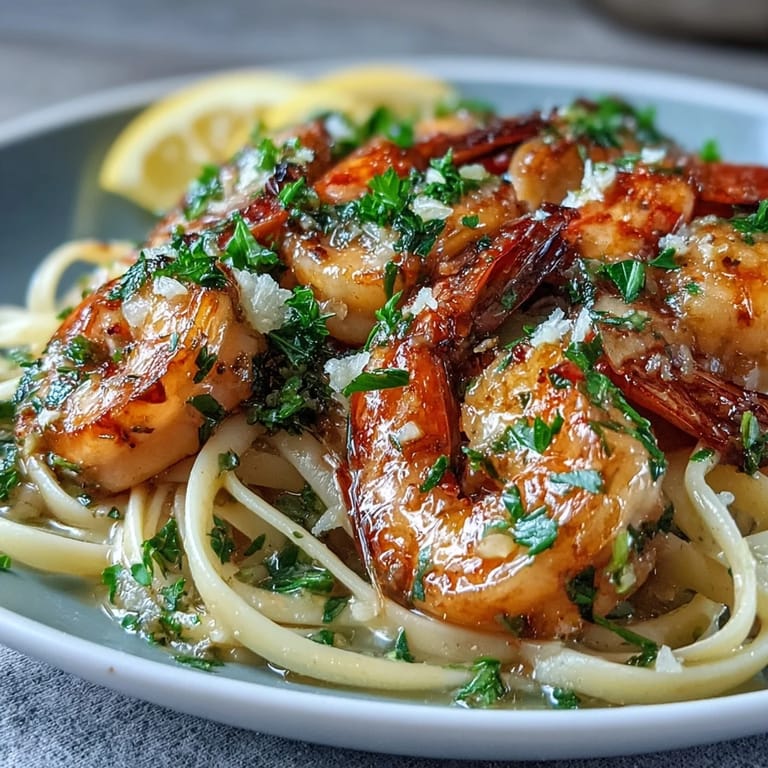 Tender shrimp sautéed with minced garlic and red pepper flakes tossed with al dente linguine in a lemony white wine butter sauce.