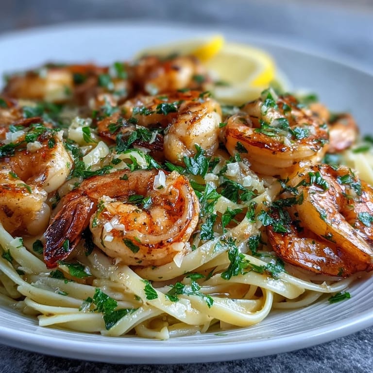 Sizzling skillet of Shrimp Scampi With Linguine served with lemon wedges and parsley, perfect for an easy Italian-American dinner.