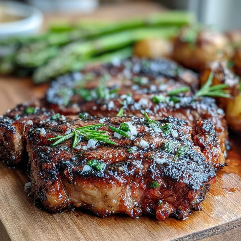 Juicy rosemary and garlic grilled rib eye steak served with lemon wedges and potatoes.