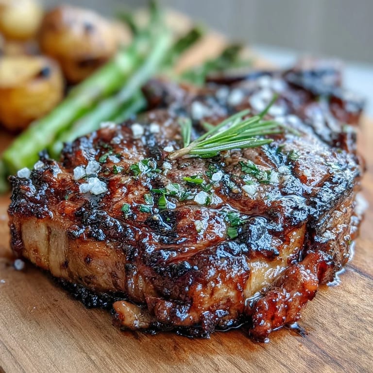 Sizzling bone-in rib eye steak fresh off the grill alongside charred asparagus and parsley potatoes.