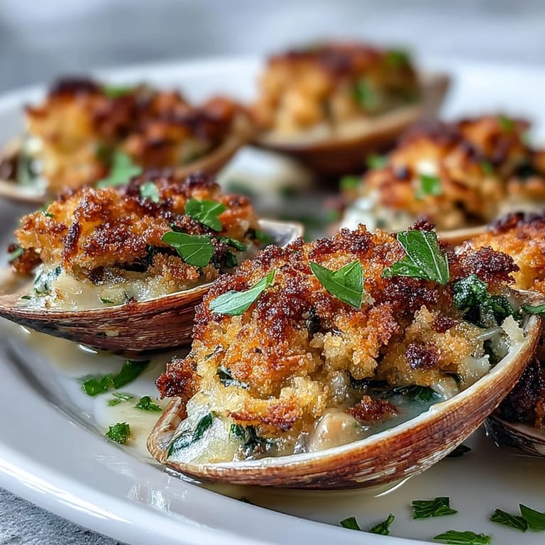 Freshly roasted clams with lemony panko topping release savory steam, paired with white wine and extra parsley for serving.