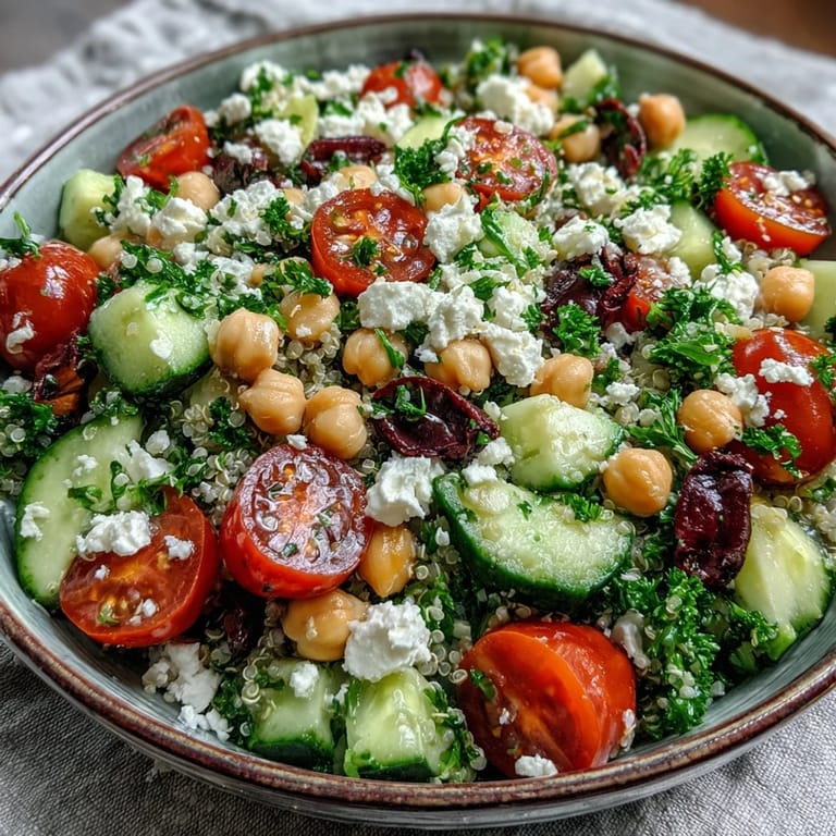 Freshly prepared High Protein Quinoa & Chickpea Salad tossed with olive oil and lemon dressing, served as a nutritious lunch.