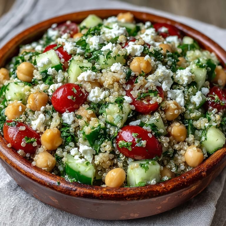 A close-up of High Protein Quinoa & Chickpea Salad highlighting fluffy grains, hearty chickpeas, and fresh parsley garnish.
