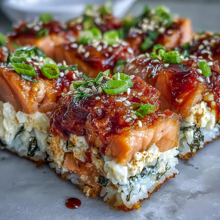 Deconstructed Spicy Salmon Sushi Bake served on roasted seaweed snacks with extra sriracha for dipping, perfect for parties.