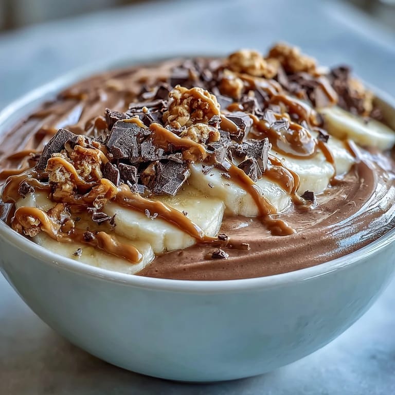 IndulgentChocolate Peanut Butter Smoothie Bowl in a white bowl, featuring chocolate chunks and frozen banana slices for a nourishing breakfast.