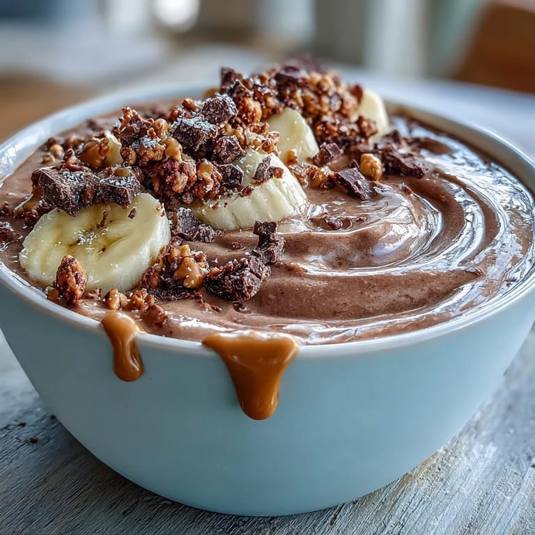 VibrantChocolate Peanut Butter Smoothie Bowl garnished with fresh banana slices and granola, perfect for a quick, protein-packed snack.