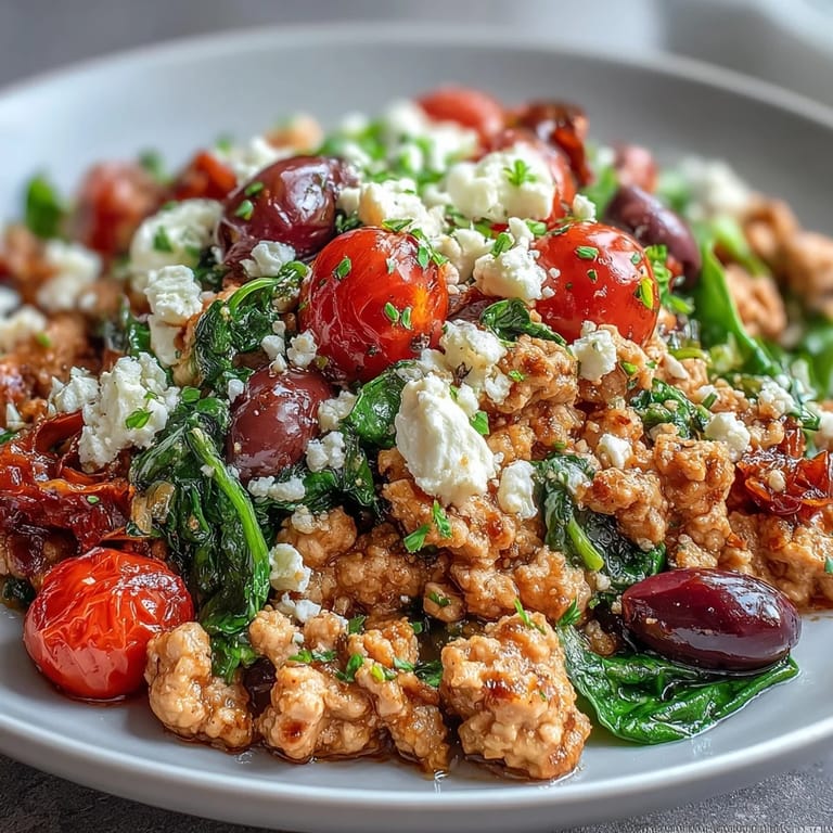 Colorful Mediterranean Keto Ground Chicken Skillet featuring Kalamata olives and spinach, ready to serve with a lemon wedge on the side.