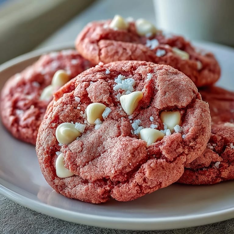 Close-up of Pink Velvet Cookies revealing chewy texture and melted white chocolate chips.