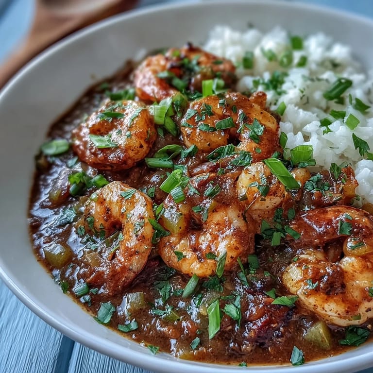 Sizzling shrimp étouffée in a dark roux simmering in a Dutch pot, Cajun spices adding rich color.