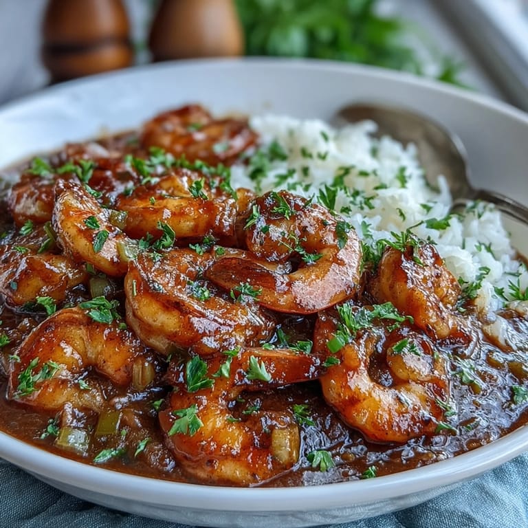 Close-up of Classic New Orleans Étouffée with succulent shrimp in a savory sauce, ready to be served.