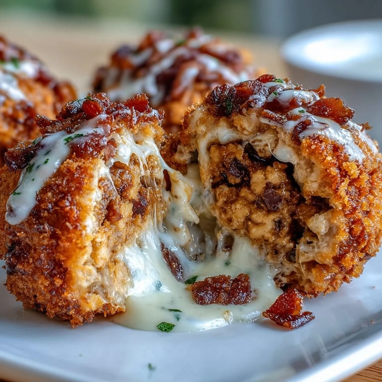 Crisp panko-coated Buffalo Chicken Bacon Mozzarella Bombs drizzled with spicy sauce and fresh herbs.
