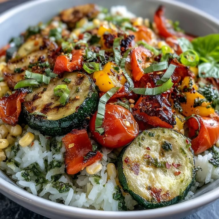 Serving suggestion for a Summer Vegetable Bowl, garnished with torn basil and ready to enjoy on a sunny day.