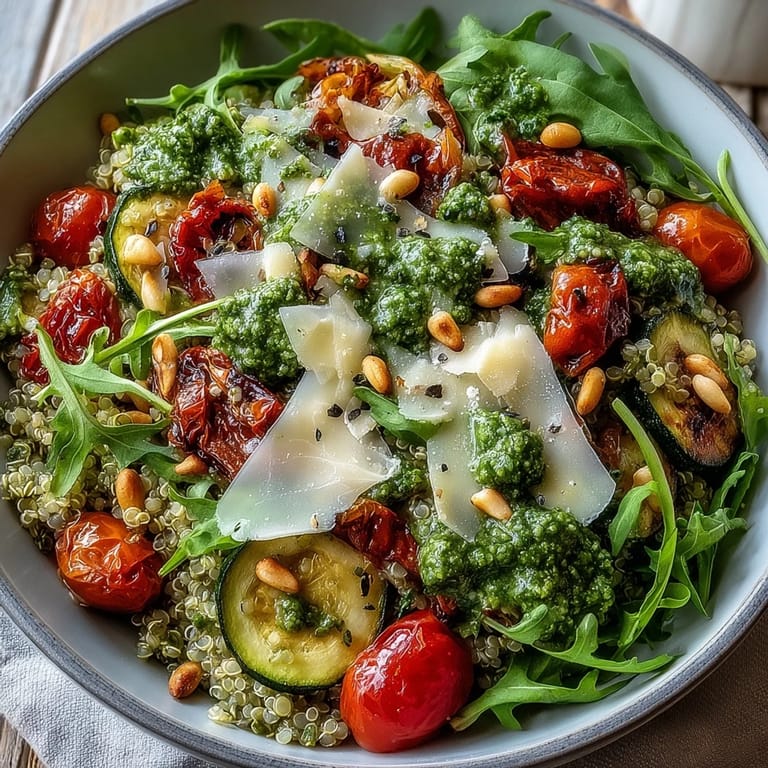 Hearty and nutritious, this Arugula Pesto Bowl is garnished with fresh greens and Parmesan, ready to serve as a main dish.
