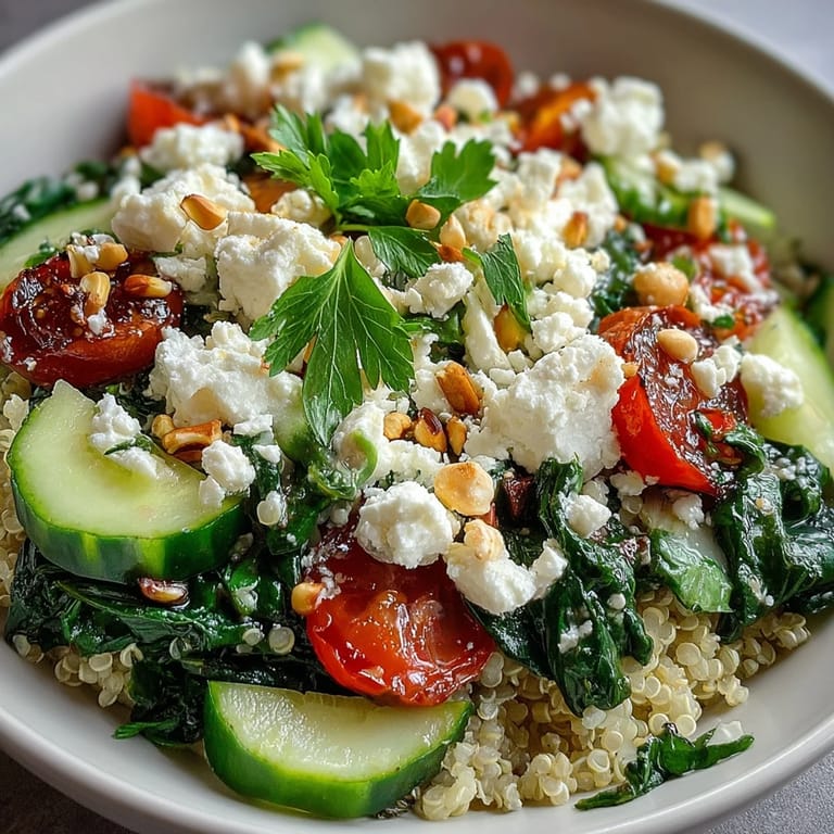 Colorful cherry tomatoes, diced cucumber, and crisp red bell pepper add crunchy texture to the vibrant Spinach and Feta Grain Bowl.
